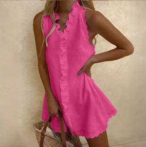 New Women Casual Cotton And Linen White Dress Summer V
