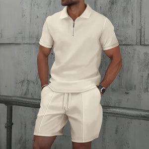 2025 Men new summer Waffle solid color zip-up lapel short-sleeve suit shorts