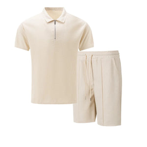 2025 Men new summer Waffle solid color zip-up lapel short-sleeve suit shorts